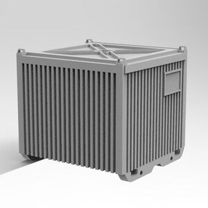 K&ouml;nnte beinhalten: Ein grauer Metalltransformator mit rechteckiger Form und einer Reihe vertikaler K&uuml;hlrippen. Der Transformator hat eine Metallplatte mit einem kreuzf&ouml;rmigen Design und ein kleines rechteckiges Etikett an der Seite.