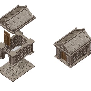May include: A disassembled model of a stone building with a roof, walls, and a door. The model is made of grey plastic and is designed to be assembled.