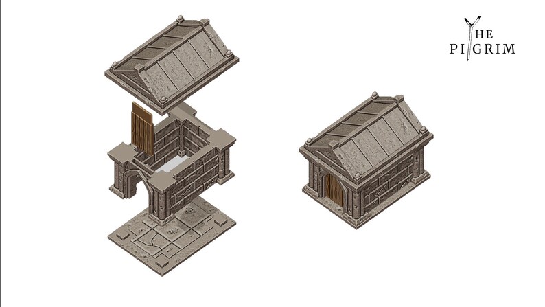 May include: A disassembled model of a stone building with a roof, walls, and a door. The model is made of grey plastic and is designed to be assembled.