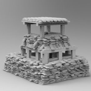May include: A gray model of a small, fortified structure made of stacked sandbags and wooden beams. The structure has a small roof and a lookout tower.