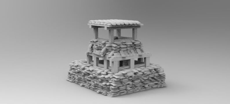 May include: A gray model of a small, fortified structure made of stacked sandbags and wooden beams. The structure has a small roof and a lookout tower.