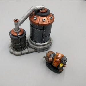 May include: A miniature model of a steampunk-style distillery with a copper and metal tank, a pipe, and a barrel. A small, painted figurine of a dwarf with a beard and a barrel sits in front of the distillery.