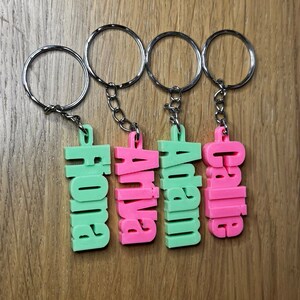 Op de afbeelding: Vier sleutelhangers met gepersonaliseerde namen. De namen zijn "Callie", "Austin", "Anna" en "Hope". De sleutelhangers zijn gemaakt van plastic en zijn roze en groen.