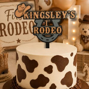 Personalised First Rodeo Birthday Cake Topper, Custom Name & Age, Western Cowboy 1st Birthday Party Decoration image 1