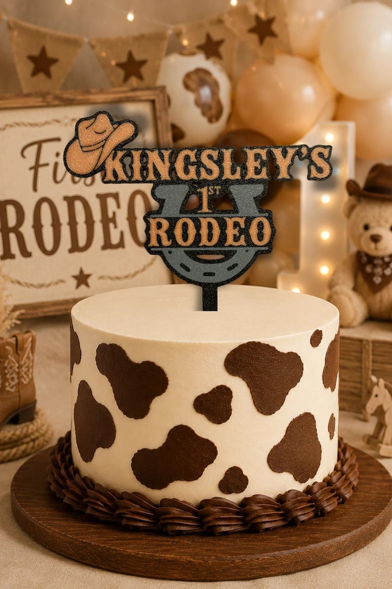 Personalised First Rodeo Birthday Cake Topper, Custom Name & Age, Western Cowboy 1st Birthday Party Decoration image 1