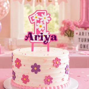 Personalised Flower Number Birthday Cake Topper, Custom Name & Age, Floral 1st Birthday Party Decoration image 1