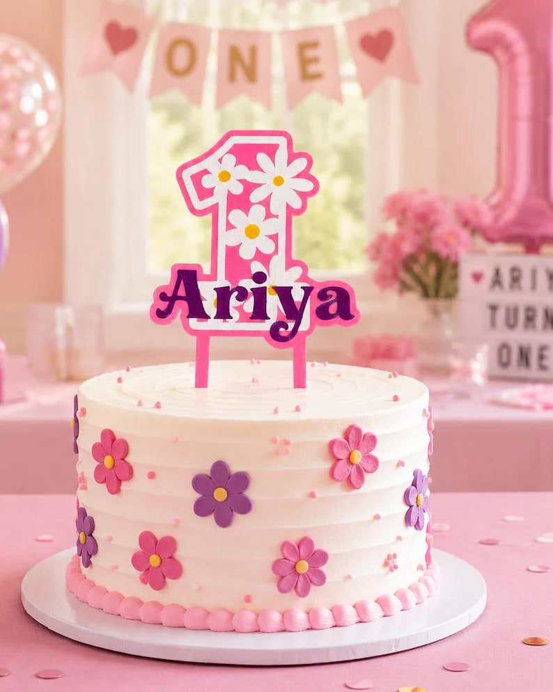Personalised Flower Number Birthday Cake Topper, Custom Name & Age, Floral 1st Birthday Party Decoration image 1
