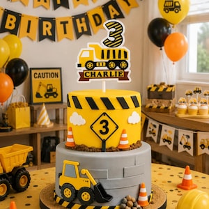 Personalised Dumper Truck Birthday Cake Topper, Custom Name & Age, Construction Birthday Party Decoration image 1