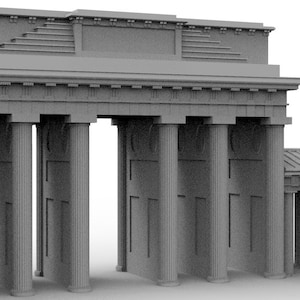 May include: A gray 3D model of a large, ornate archway with columns and a decorative top. The archway is flanked by two smaller, similar structures with columns.