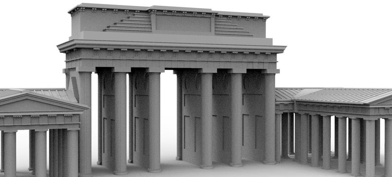 May include: A gray 3D model of a large, ornate archway with columns and a decorative top. The archway is flanked by two smaller, similar structures with columns.