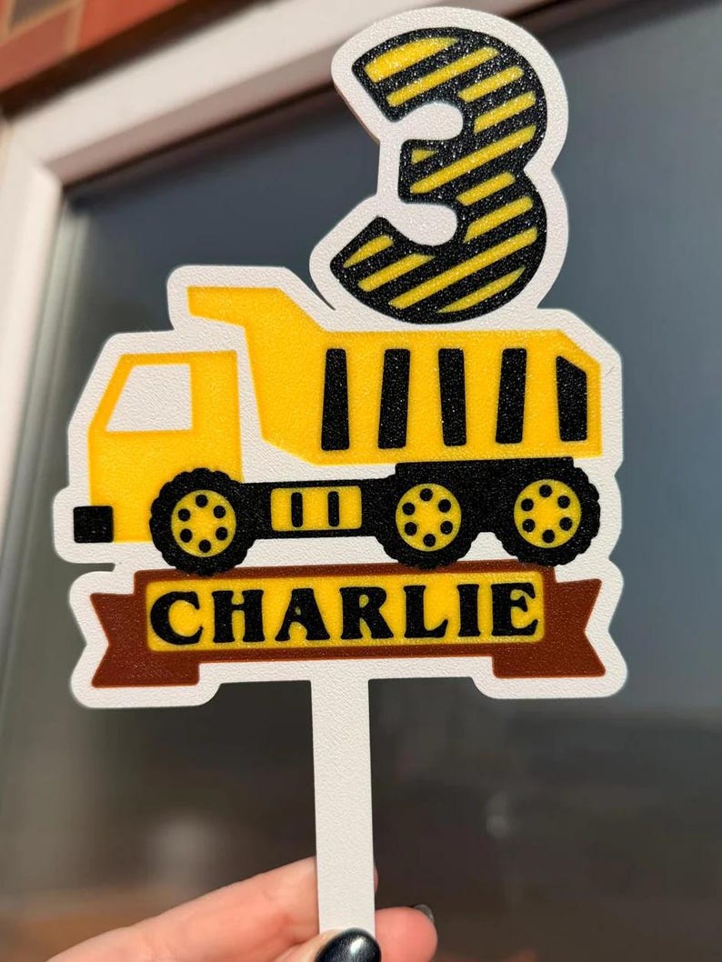 Personalised Dumper Truck Birthday Cake Topper, Custom Name & Age, Construction Birthday Party Decoration image 2