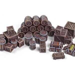 May include: A collection of miniature wooden barrels and crates, perfect for tabletop gaming or model railroading. The barrels are stacked in a pyramid shape, while the crates are scattered around them. The barrels and crates are all made of brown wood and have a realistic appearance.
