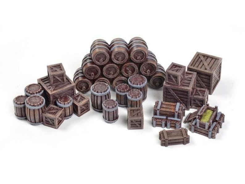 May include: A collection of miniature wooden barrels and crates, perfect for tabletop gaming or model railroading. The barrels are stacked in a pyramid shape, while the crates are scattered around them. The barrels and crates are all made of brown wood and have a realistic appearance.