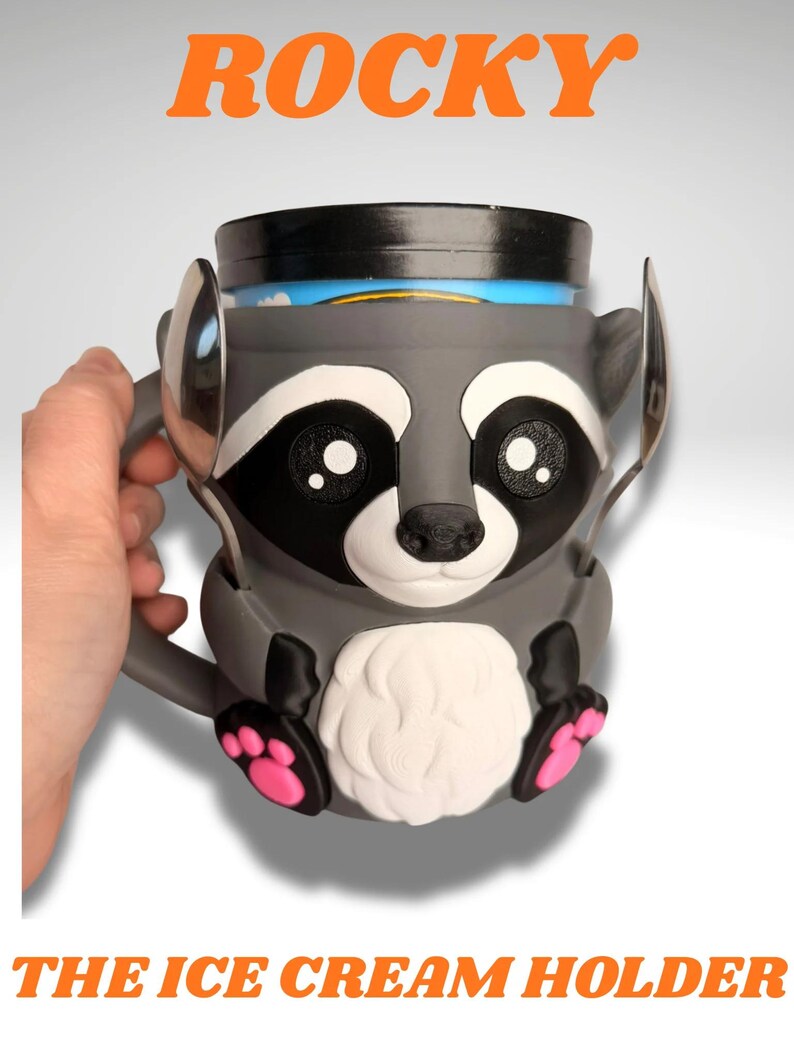 Rocky the Raccoon Ice Cream Holder - 3D Printed Cute Ice Pint Holder image 1