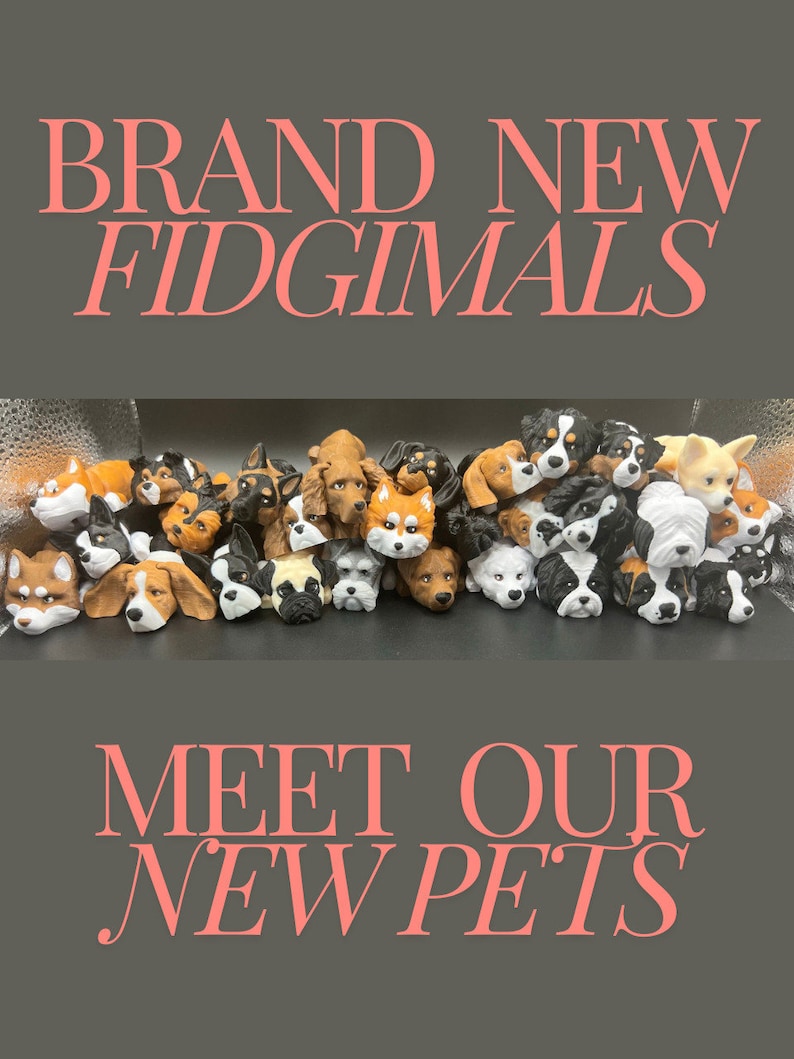 May include: A collection of small, colorful, and detailed dog figurines. The figurines are arranged in a row and feature a variety of breeds, including a Bernese Mountain Dog, a Golden Retriever, a Bulldog, and a Dachshund. The text "BRAND NEW FIDGIMALS" is displayed above the figurines, and the text "MEET OUR NEW PETS" is displayed below the figurines.