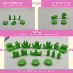 May include: A set of green plastic game pieces for the Settlers of Catan board game. The set includes pieces for the Sea Robbers, Conquerors, and E&P expansions. The pieces are made by Fat Girl Makes.