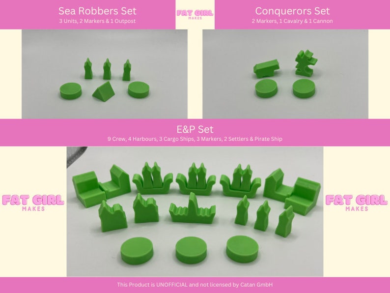 May include: A set of green plastic game pieces for the Settlers of Catan board game. The set includes pieces for the Sea Robbers, Conquerors, and E&P expansions. The pieces are made by Fat Girl Makes.