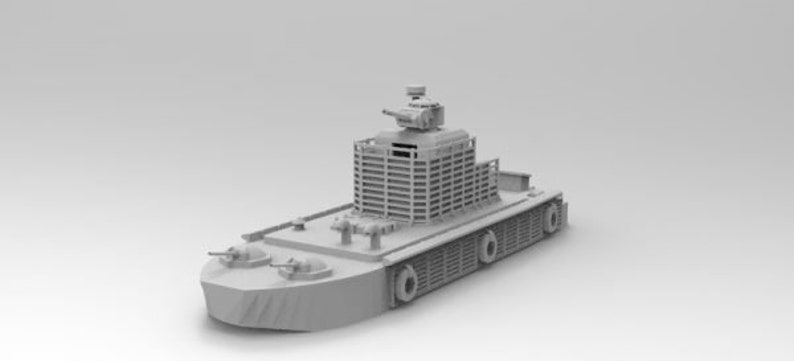 May include: A gray, detailed model of a military amphibious vehicle with a large, multi-tiered turret and multiple wheels on the sides.