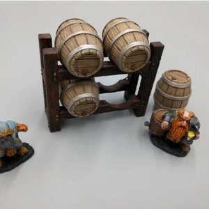 May include: A wooden barrel rack with four barrels, two on the top shelf and two on the bottom shelf. A small, painted figurine of a dwarf holding a barrel is in the foreground.