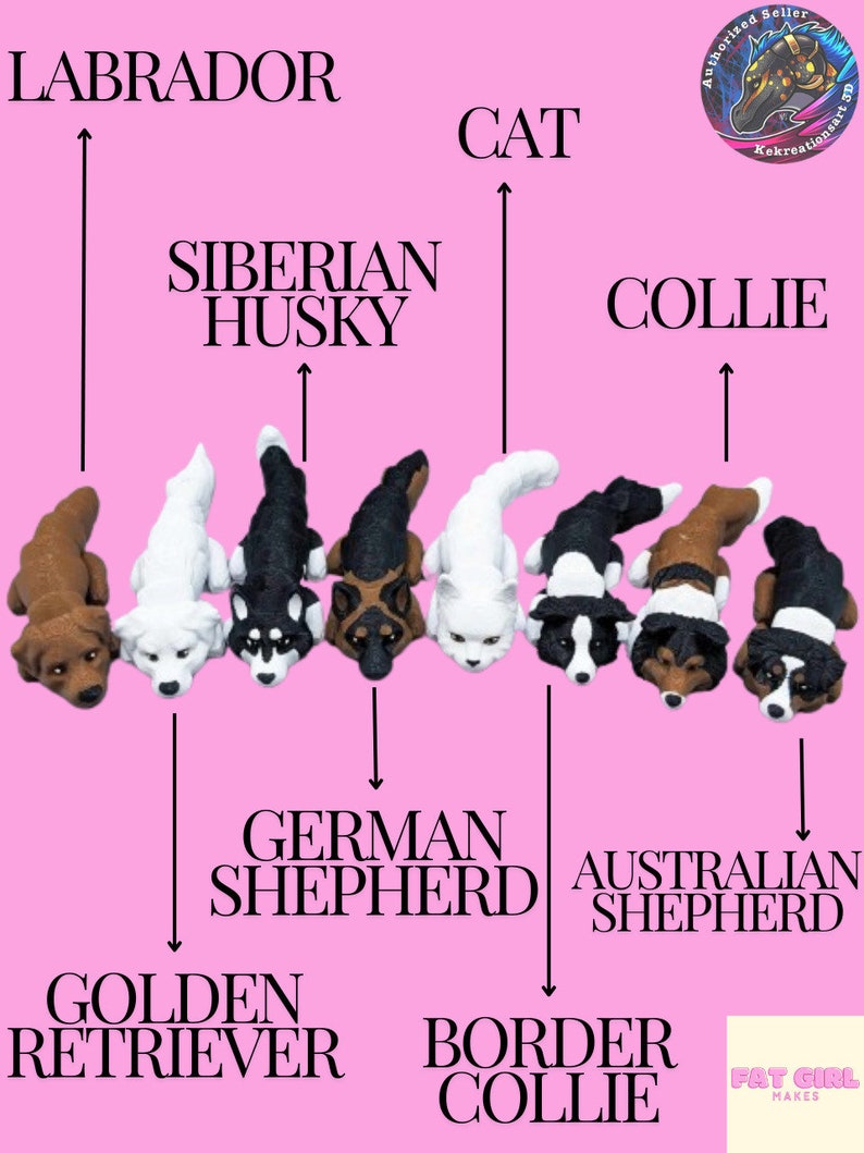 May include: A chart with the names of different dog breeds, including Labrador, Golden Retriever, German Shepherd, Australian Shepherd, Border Collie, Siberian Husky, Collie, and Cat. The chart is illustrated with small, colorful figurines of each dog breed.
