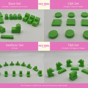 May include: Green plastic game pieces for the board game Settlers of Catan. The pieces are arranged in four groups: Base Set, C&K Set, Seafarer Set, and T&B Set. The image includes the text "This Product is UNOFFICIAL and not licensed by Catan GmbH".