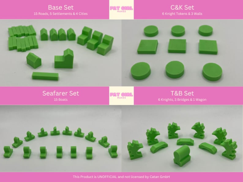 May include: Green plastic game pieces for the board game Settlers of Catan. The pieces are arranged in four groups: Base Set, C&K Set, Seafarer Set, and T&B Set. The image includes the text "This Product is UNOFFICIAL and not licensed by Catan GmbH".
