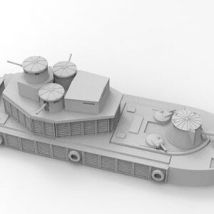 May include: A gray model of a small, flat-bottomed boat with multiple gun turrets on the deck. The boat has a rounded bow and a flat stern.