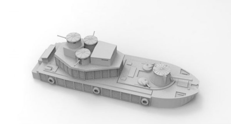 May include: A gray model of a small, flat-bottomed boat with multiple gun turrets on the deck. The boat has a rounded bow and a flat stern.