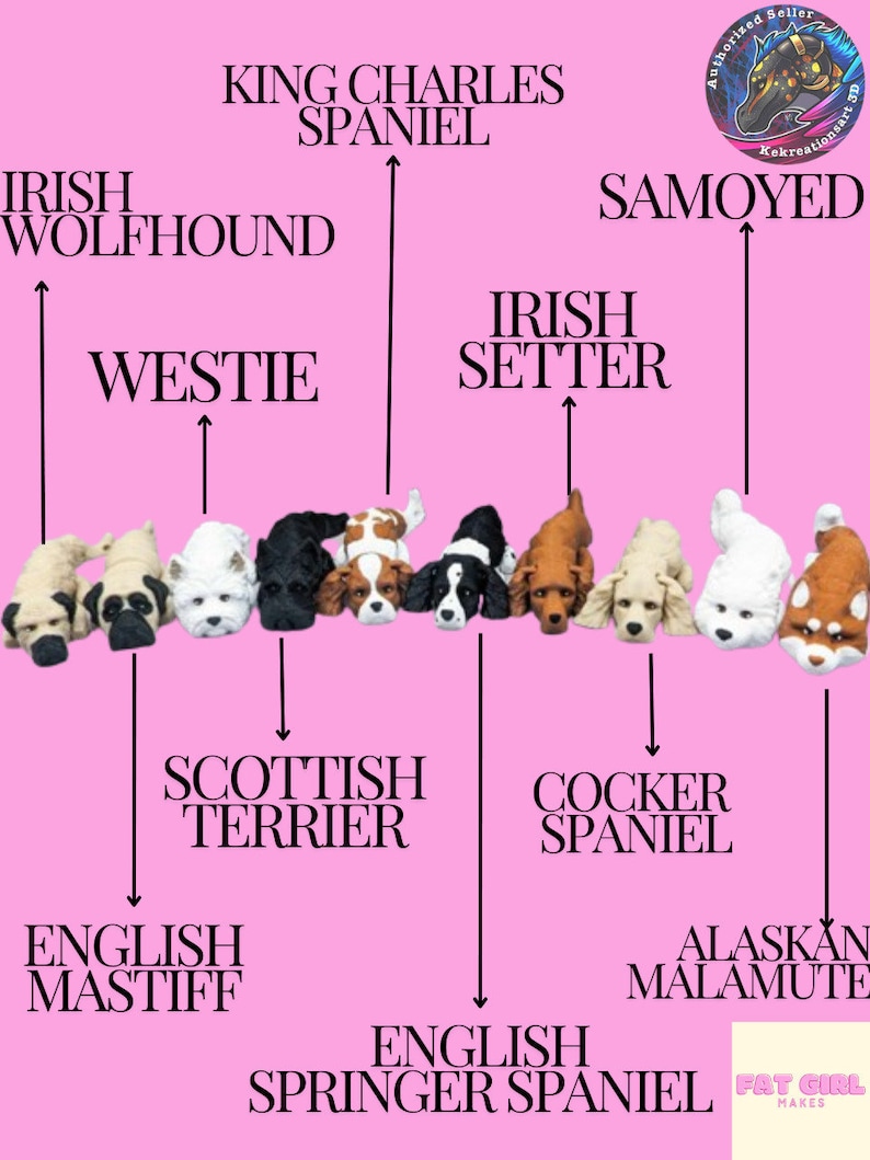 May include: A chart showing different dog breeds with their names listed above each dog. The dogs are arranged in a line from left to right. The chart is on a pink background.