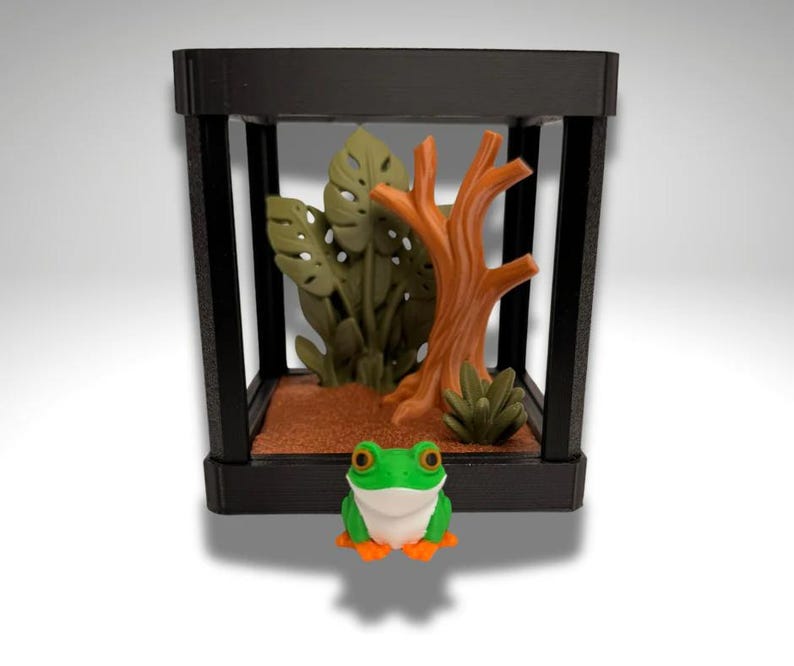3D Gedruckter Frosch mit roten Augen, kleiner Laubfrosch mit roten Augen und Terrarium - Raumdekor Bild 2
