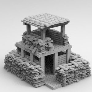 May include: A gray, miniature model of a military bunker made of stacked sandbags. The bunker has a wooden frame and a small, open doorway.