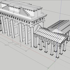 May include: A detailed line drawing of a Roman temple with a large archway and a smaller structure attached to the side. The temple is 342 mm tall, 200 mm wide, and 786 mm long.