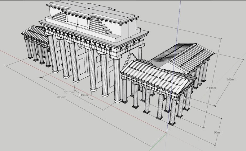 May include: A detailed line drawing of a Roman temple with a large archway and a smaller structure attached to the side. The temple is 342 mm tall, 200 mm wide, and 786 mm long.