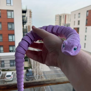 May include: A purple segmented toy snake with a textured surface and large blue eyes. The snake is coiled in a person's hand.
