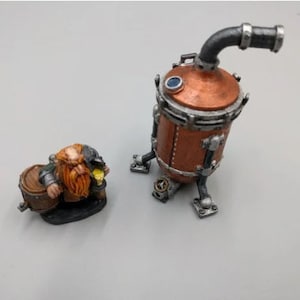 May include: A miniature figurine of a dwarf holding a barrel and a gold coin, standing next to a copper and silver steampunk-style brewing tank with a pipe.