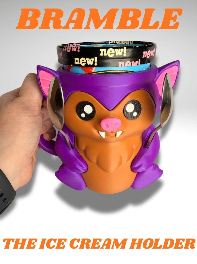 Bramble the Bat Ice Cream Holder - 3D Printed Cute Ice Pint Holder image 1