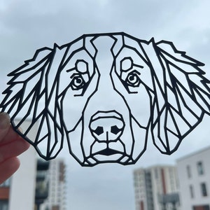 May include: Black and white geometric illustration of a dog's head. The dog has a long snout and floppy ears. The illustration is made of triangles and lines.