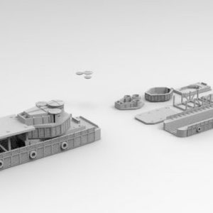 May include: A 3D printed model of a barge with a raised deck and a small tower on the front. The model is disassembled into multiple pieces, including the deck, the tower, and the hull.