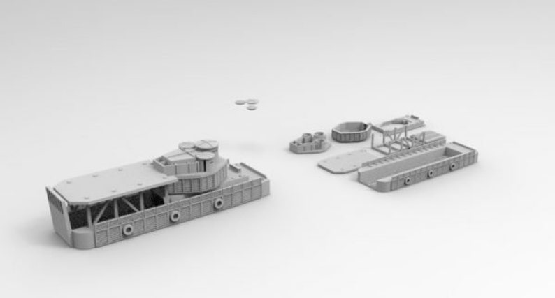 May include: A 3D printed model of a barge with a raised deck and a small tower on the front. The model is disassembled into multiple pieces, including the deck, the tower, and the hull.