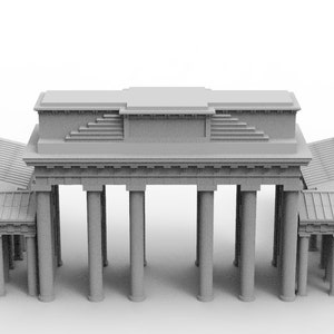 May include: A gray 3D printed model of a classical archway with columns and a roof. The archway is symmetrical and has a simple design.