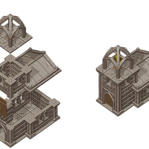 May include: A 3D printed model of a stone church with a bell tower. The model is disassembled into its individual parts, including the base, walls, roof, and bell tower. The bell tower has a bell inside. The model is made by The Pilgrim.