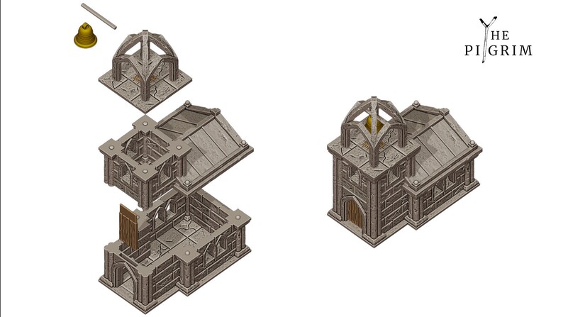 May include: A 3D printed model of a stone church with a bell tower. The model is disassembled into its individual parts, including the base, walls, roof, and bell tower. The bell tower has a bell inside. The model is made by The Pilgrim.