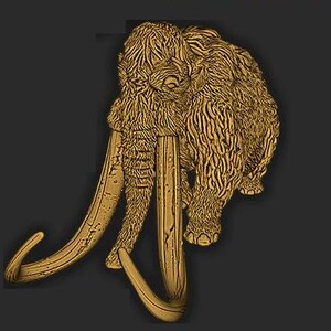 May include: A gold-colored illustration of a woolly mammoth with large tusks. The image is on a black background and the text "WOOLY MAMMOTH" is above the mammoth.