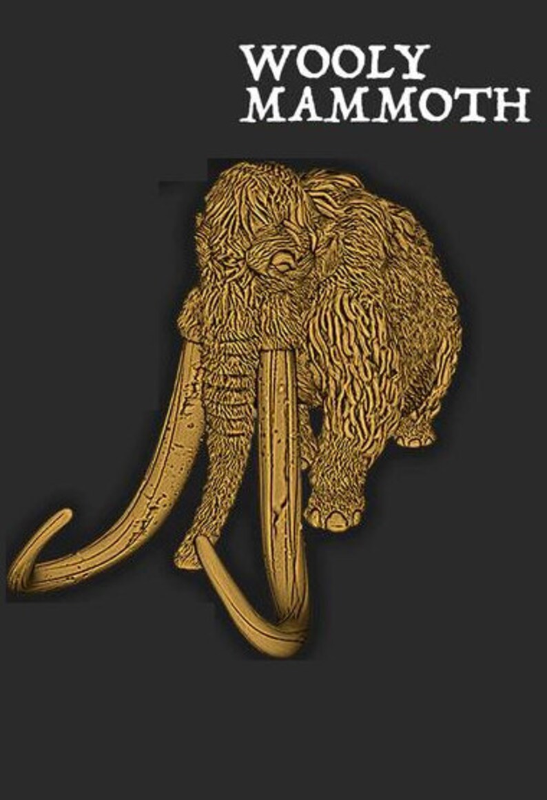 May include: A gold-colored illustration of a woolly mammoth with large tusks. The image is on a black background and the text "WOOLY MAMMOTH" is above the mammoth.