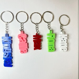 Op de afbeelding: Vijf sleutelhangers met verschillende namen. De namen zijn "Vanessa", "Callie", "Max", "Fiona" en "Katie". De sleutelhangers zijn allemaal zilverkleurig en hebben een ronde ring aan de bovenkant.
