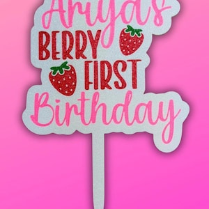 Adorno personalizado para tarta de primer cumpleaños con diseño de fresa, nombre y edad personalizados, decoración para fiesta de primer cumpleaños. imagen 4