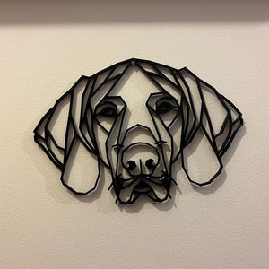 May include: Black and white geometric line art wall decor of a dog's head. The dog's head is made of many triangles and lines, creating a modern and abstract look.