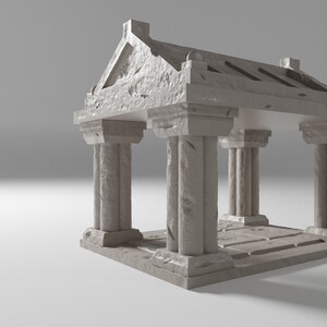 May include: A white stone temple with four columns and a roof with a decorative design. The temple is made of a rough, textured stone.