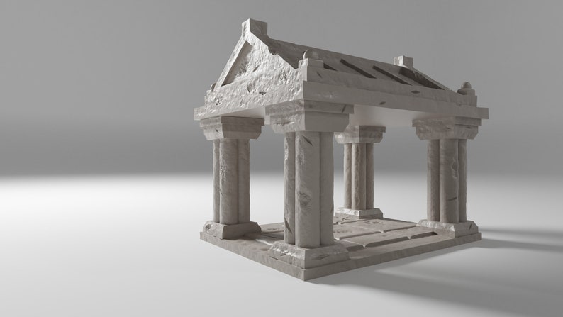 May include: A white stone temple with four columns and a roof with a decorative design. The temple is made of a rough, textured stone.