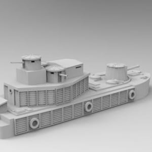 May include: A white model of a heavily armored river gunboat with multiple gun turrets. The model is made of plastic and has a detailed design.